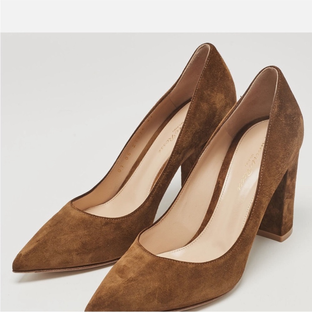 Gianvito Rossi Brown Suede Pointed Toe Block Heel Pumps